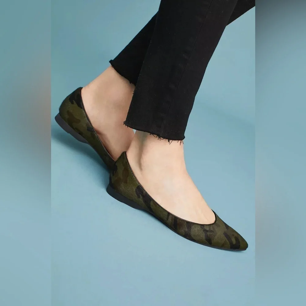 Anthropologie All Black Jungle Ballet Flats Camo Pointy-tow Calfhair slip-ons 8